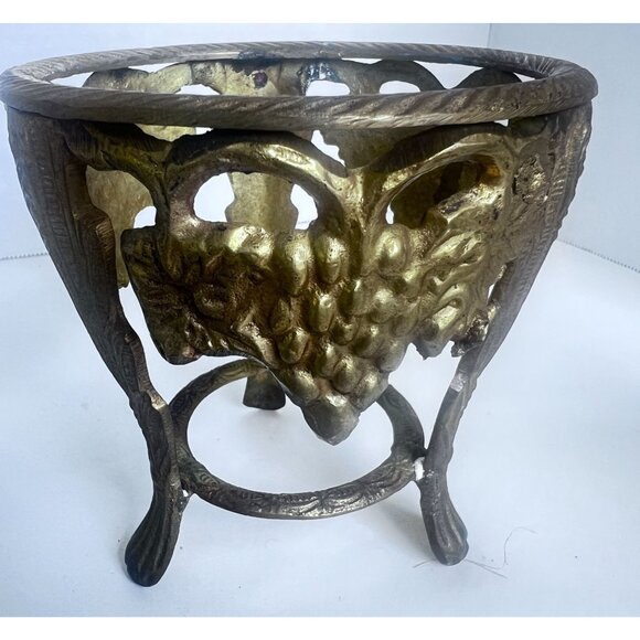 Vtg Brass & Crackle Glass Candlel Holder Vase Compote Bowl Grape Motif Design ** - Picture 8 of 13